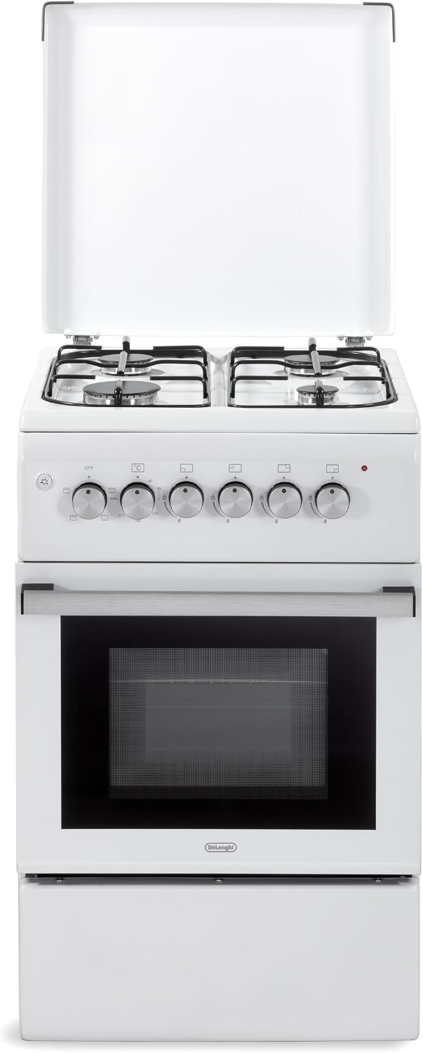 De'Longhi Cuisinière, 50 cm, réglable, 50 × 55 cm, 500 mm, 885 mm, 52 l, DL554EW2, 4 fonctions, 4 feux, 52 litres, fonction gril