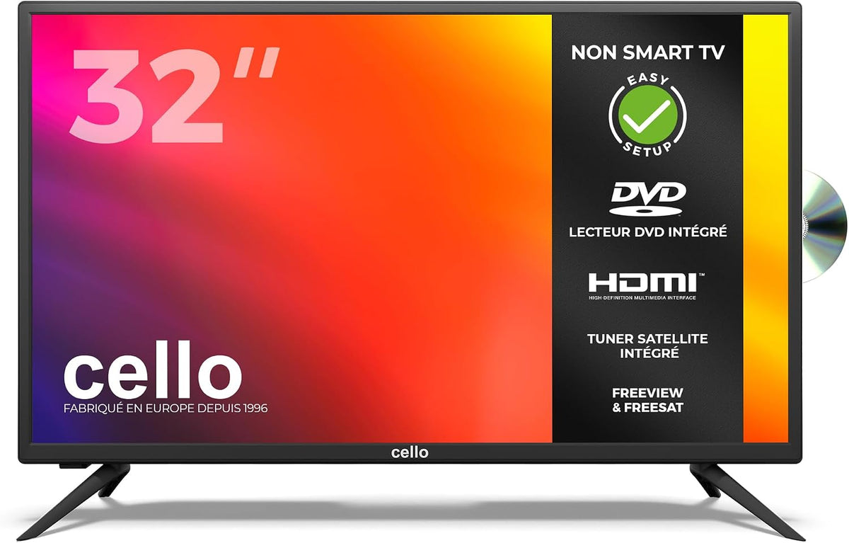 Téléviseur Cello DVB-T2, TV 32 Pouces LED HD Ready avec Lecteur DVD Intégré, 80 cm, 3X HDMI, éclairage LED, USB Enregistrement, Non Smart