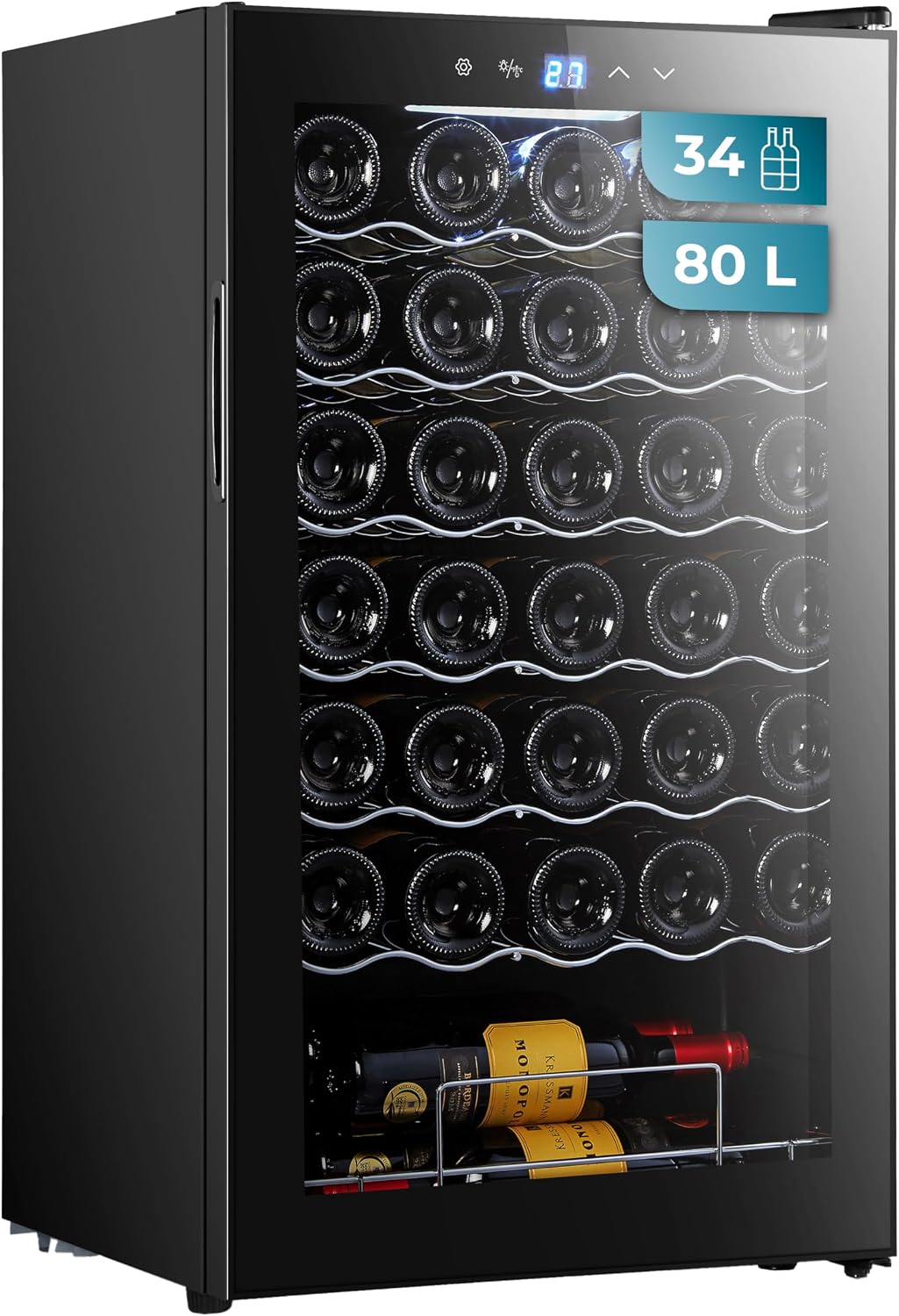Cecotec Cave à vin, Température réglable de 5 à 18°C, 80 L, 41 dB, 34 bouteilles, éclairage LED, LED intérieur., commande tactile, Affichage