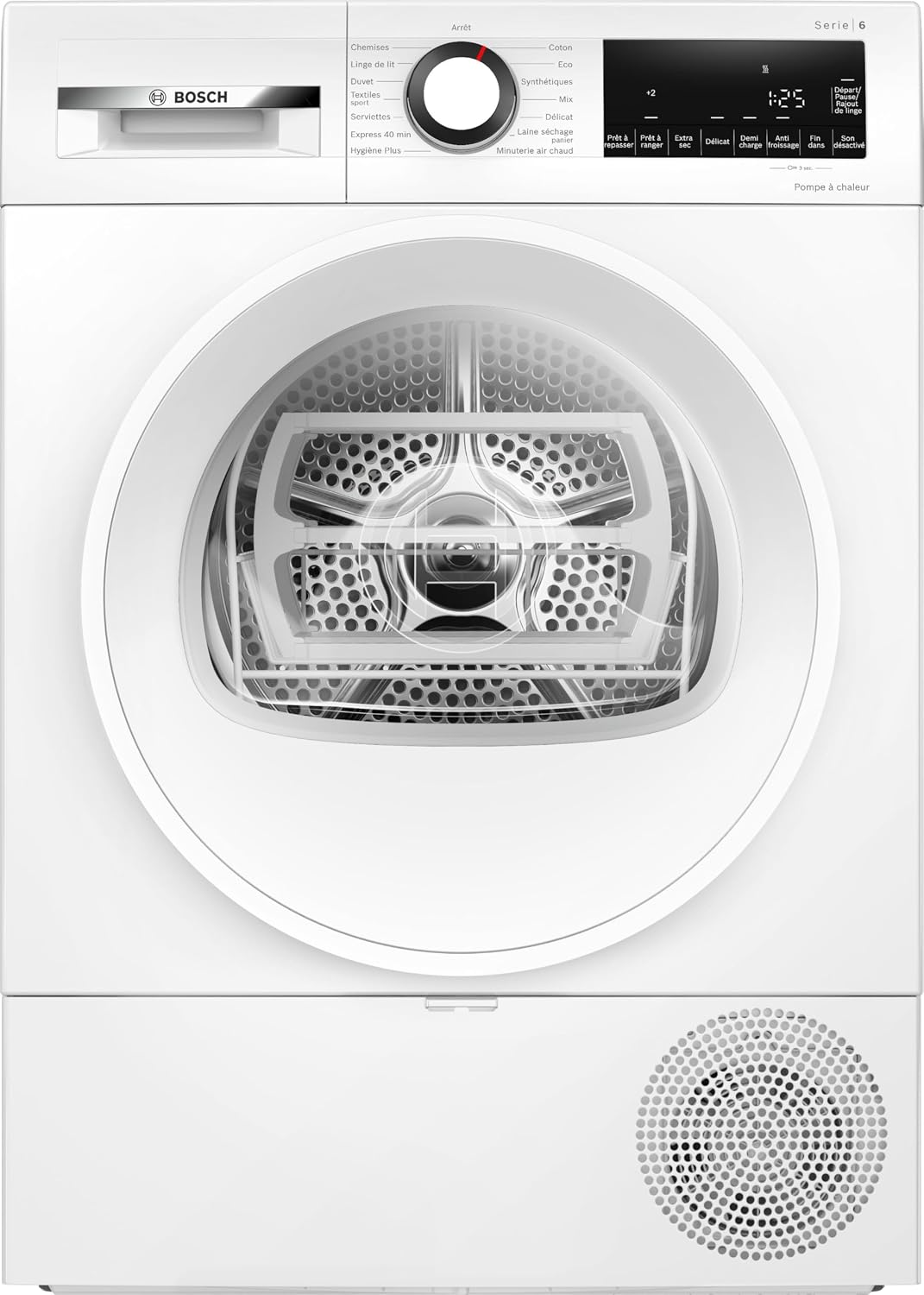 Bosch Sèche-linge avec pompe à chaleur, 8 kg, éclairage LED, 84.2 cm, 59.8 cm, 61.3 cm, WQG133DTFR, Série 6, Blanc