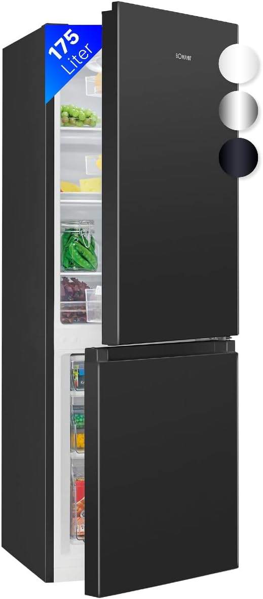 Réfrigérateur Bomann KG322-1-noir, réglable, verre, 175L, 3 étagères, 3 tiroirs, Capacité nette: 175 litres, éclairage LED