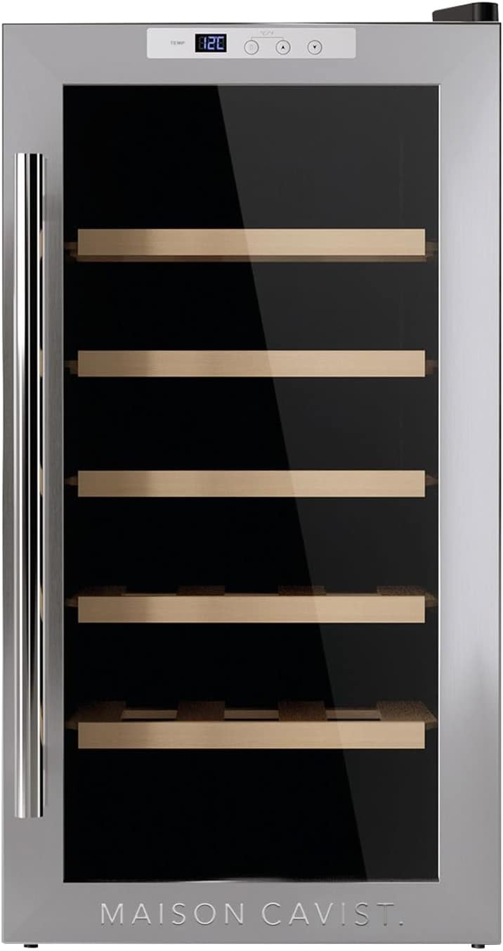 Cave à vin, acier inoxydable, éclairage LED, 23 L, Maison Cavist, 34, 8 × 67 × 48, 5 cm, Capacité 23 L, CVST18, 18 °C, 18 Bouteilles, 3 étagères
