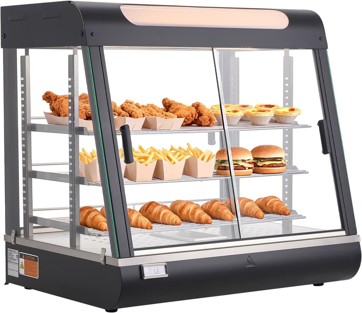 Chauffe-plat, 1200 W, éclairage LED, pour Présentation Hamburger Pizza Pain Poulet Frit, verre, VEVOR, 100 L, 3 Niveaux, 85 °C, 3 étagères