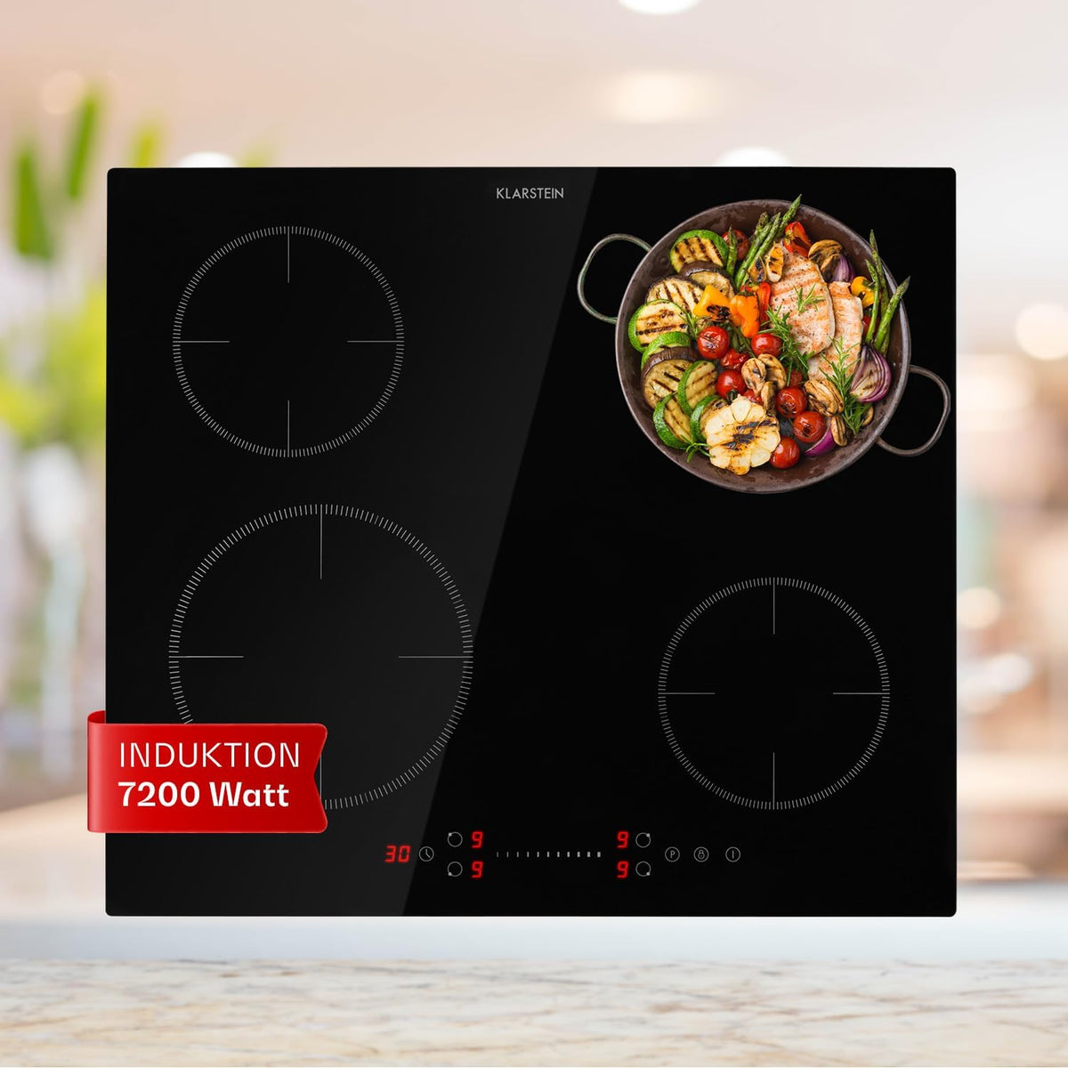 Plaque de cuisson KLARSTEIN, réglable, 9 niveaux, 7200W, 4 Foyers, Plaque Induction Encastrable de 7200W, Plaque 4 Feux, commande tactile