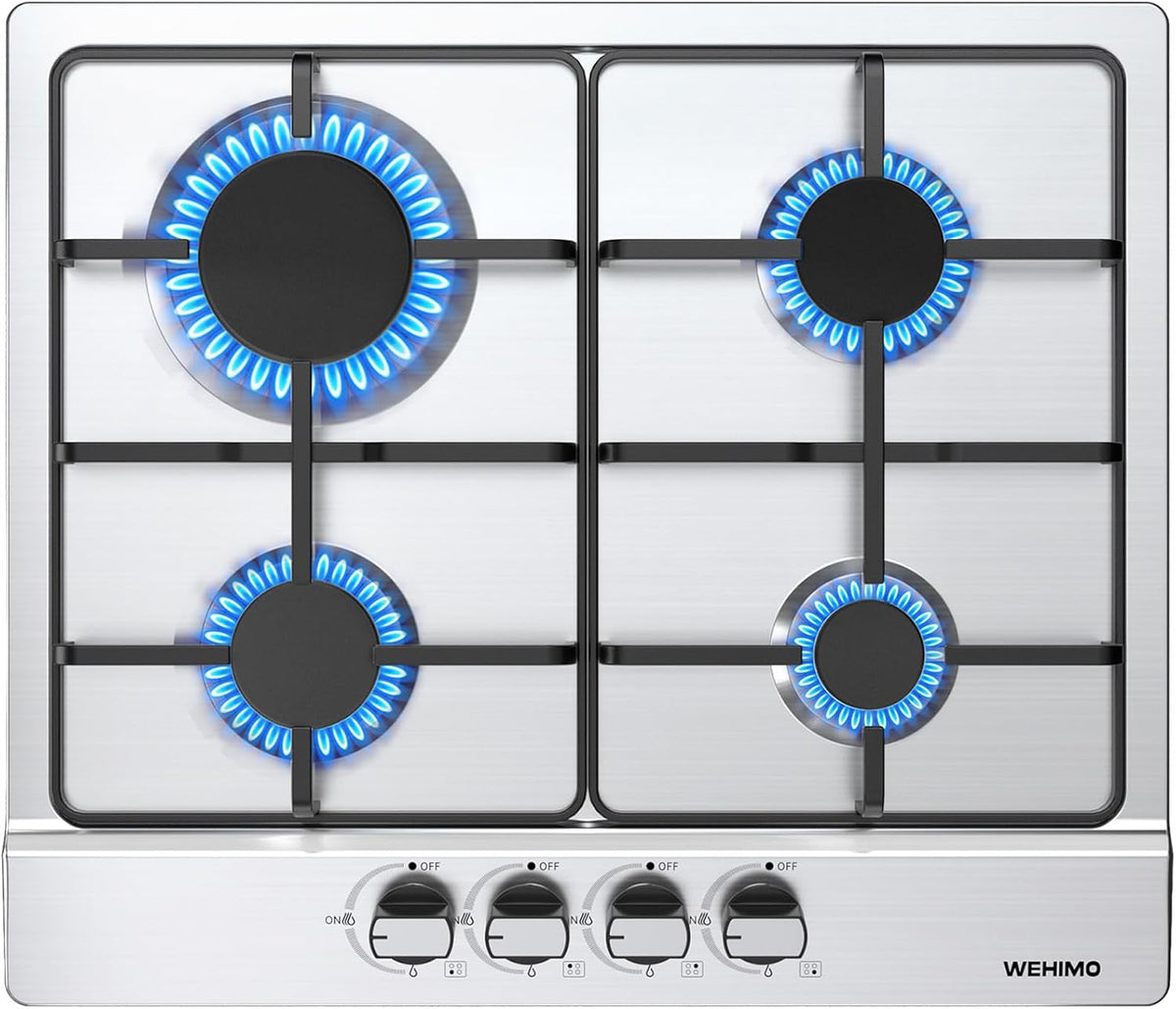 Plaque de cuisson WEHIMO, Plaque Gaz 4 Feuxs Inox, 58.5 cm, 50.5 cm, 5.5 cm, 7200W, 4 Brûleurs, 56cm, 48cm, 4 foyer, acier inoxydable, encastrable