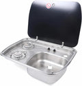 Cuisinière EDEDE, Plaque de Cuisson et évier avec Couvercle en Verre trempé, 60 × 44, 5 × 14, 5 cm, lavabo en Acier Inoxydable pour Camping-Car
