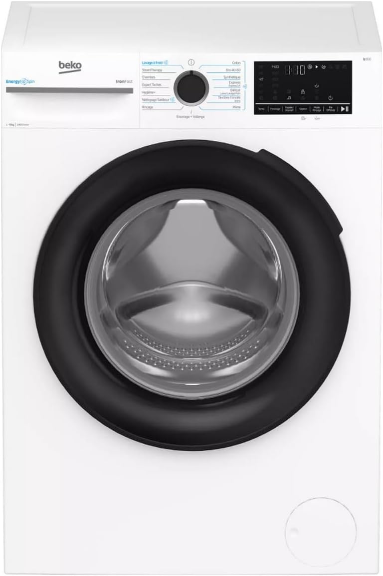 Lave-linge Beko BM3WFU49411B, 55 L, acier inoxydable, 84, 5 cm, 60 cm, 9kg, 15°C, 40°C, 15 programmes, fonction vapeur