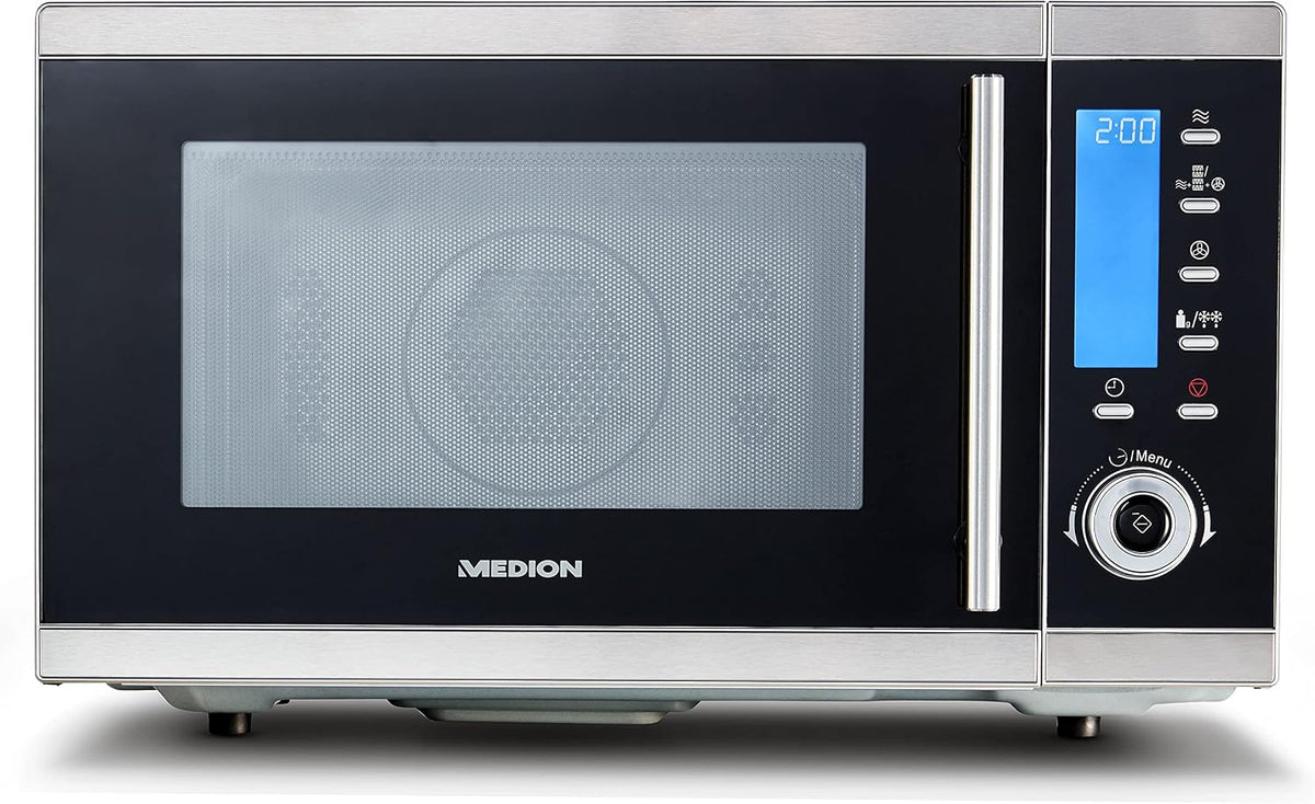 MEDION Four micro-ondes, 25 L, Four micro onde avec gril, acier inoxydable, 900 W, 1100 W, 2500 W, 33 × 35 × 23 cm, 30 cm, 20 cm