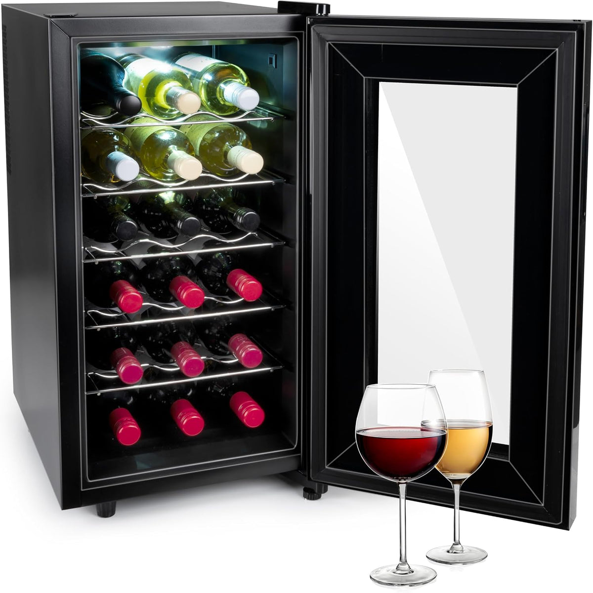 alpina Cave à vin, Température Réglable de 11°C à 22°C, verre, 50L, 18 Bouteilles, 3 bouteilles, 18 Bouteilles/50L, éclairage LED, Noir