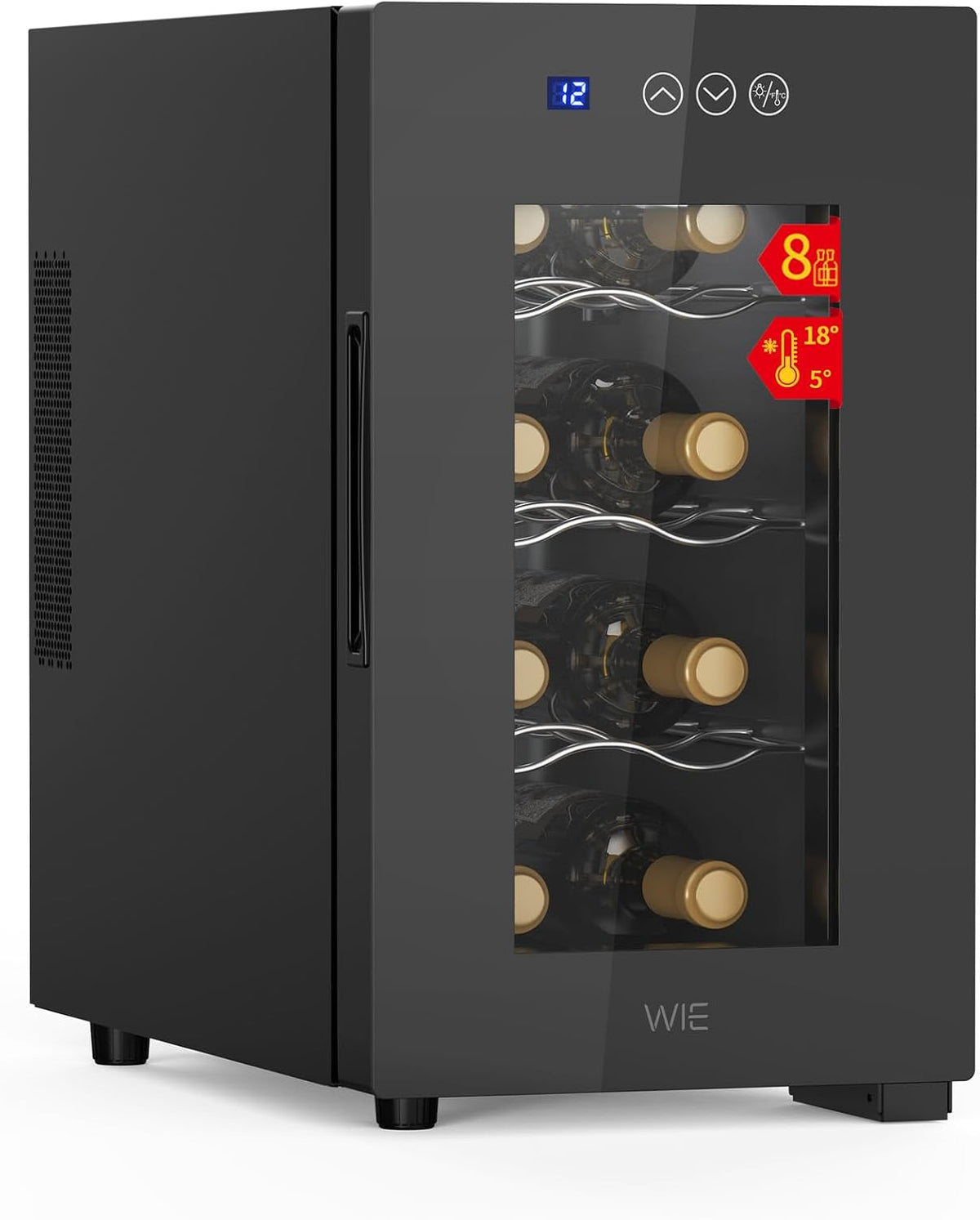 Cave à vin, verre, éclairage LED, C-18, WIE, 23L, 5°C, 18°C, 8 Bouteilles, 3 étagères, réglable, commande tactile