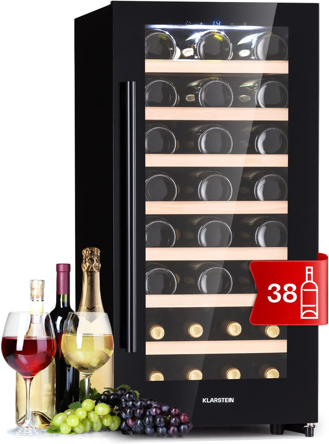 Cave à vin, 18°C, Réfrigérateur à Vin avec Porte en Verre, acier inoxydable, KLARSTEIN, 38 Bouteilles, 5-18°C, commande tactile, Prosecco