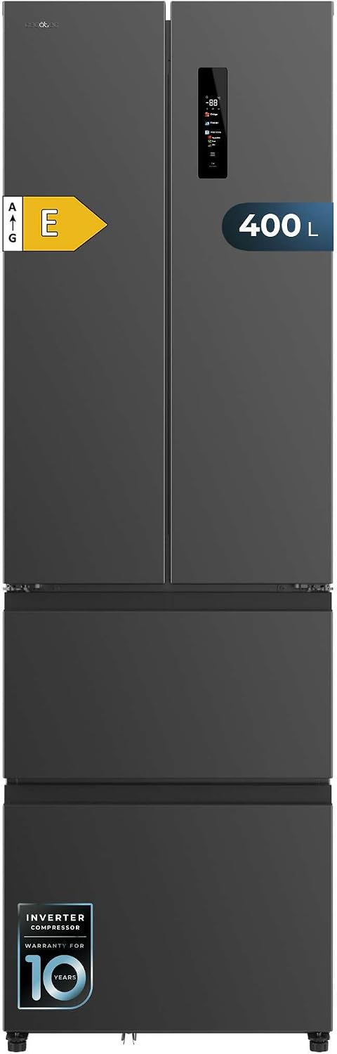 Réfrigérateur Cecotec, acier inoxydable, No Frost, 400 L, 60 cm, 191 cm, mode ECO, 400L, 4 Portes, éclairage LED, inox foncé, moteur Inverter