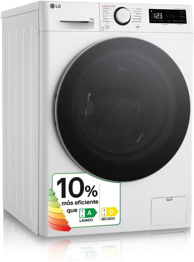 LG F4DR6009A1W Lave-linge, 1400 tr/min, acier inoxydable, 6 kg, 9/6 kg, Turbowash 360°, 10% plus efficace que A, série 600, blanc
