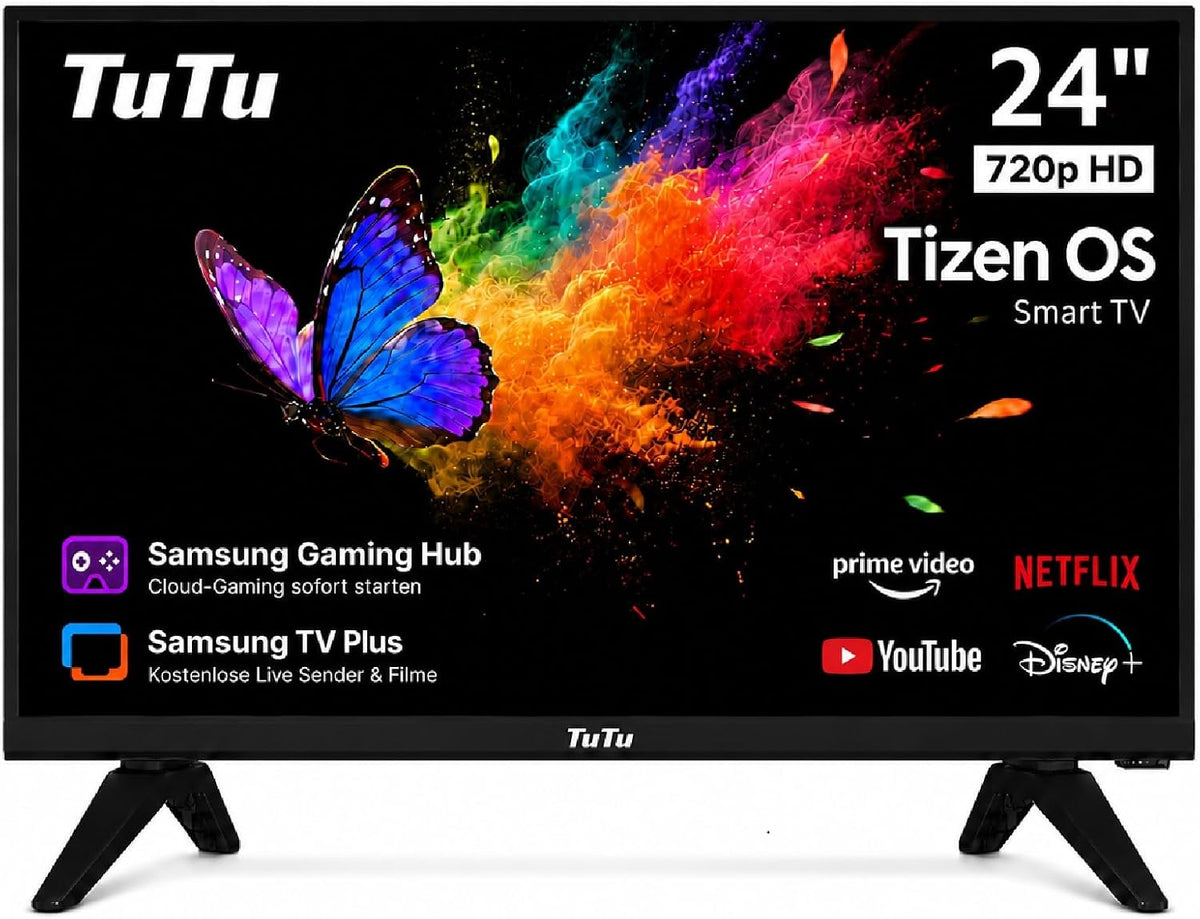 TuTu TU24Q1H-T8 Téléviseur, 24 Pouces, sans Bord Connectée Télévision avec Tizen OS, 60 cm, 100 × 100 mm, DVB-T/T2, DVB-S/S2, Wi-Fi, Bluetooth