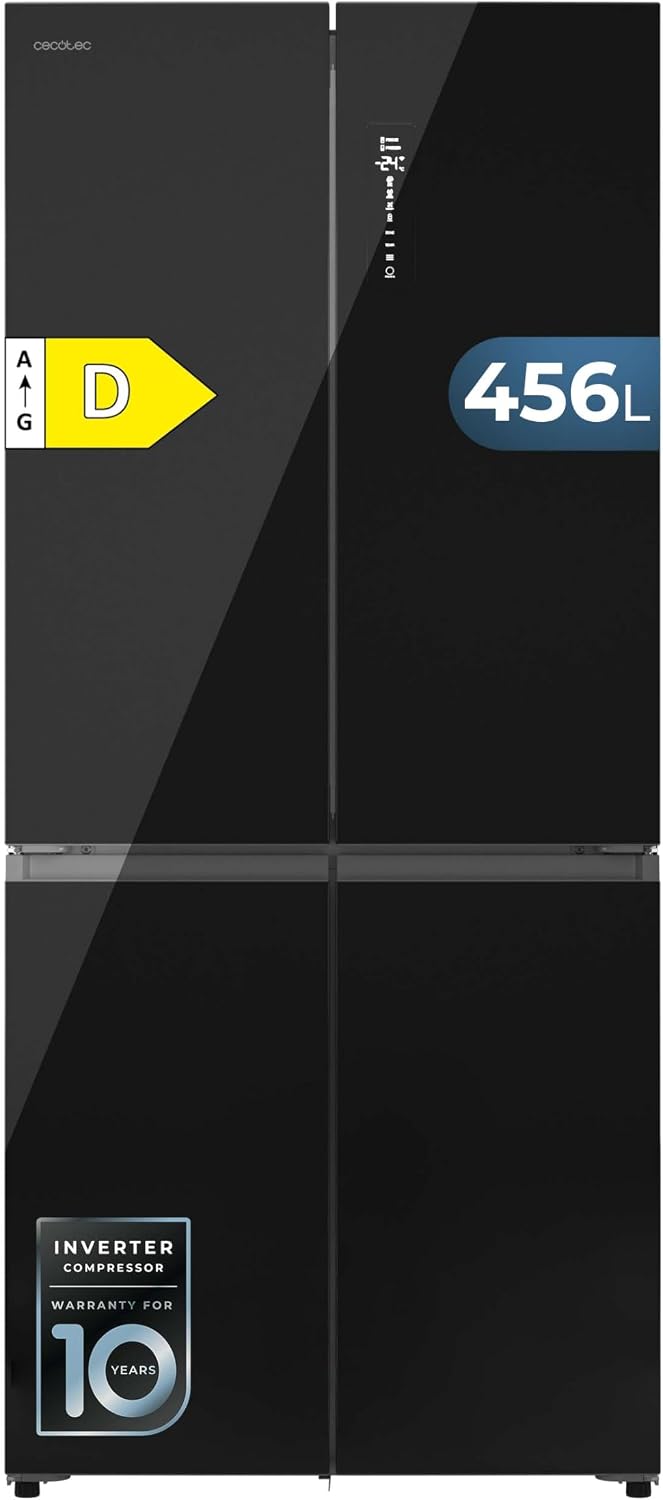Réfrigérateur, verre, No Frost, 190 cm, Cecotec, 83, 3 cm, 10 mm, 60 cm, 190 cm de hauteur, 83, 3 cm de largeur, 456L, 4 Portes, 35dB, Noir.