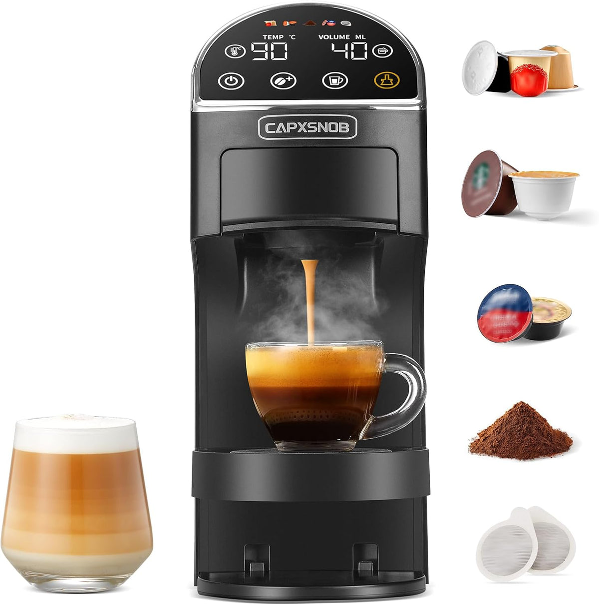 Machine à café CAPXSNOB Magician2 20Bar, éclairage LED, 28, 0 × 11, 4 × 28, 2 cm, Cafetière pour Maison & Bureau, 5 ml, 44mm, 1.2L, 80°C, 96°C, 20ml