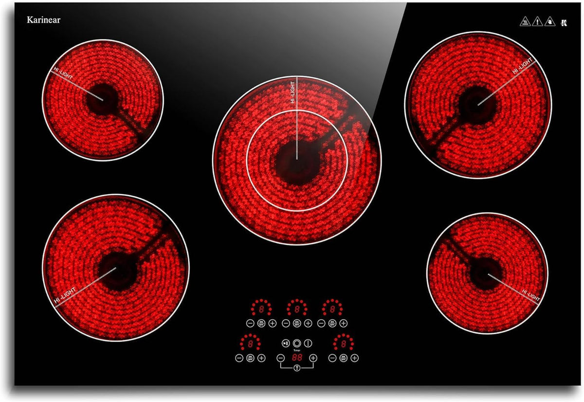 Karinear Plaque de cuisson, 8 700 W, Plaque Vitrocéramique 5 Feux avec Double Zone Extensible, 23 cm, 2 500 W, 77 cm, 77CM, 8700W