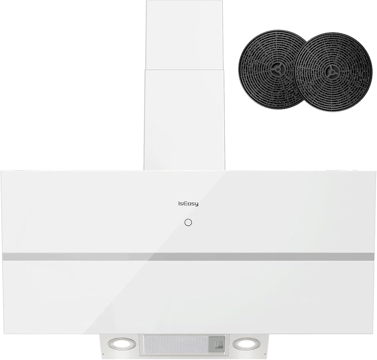 IsEasy Hotte aspirante, 90 cm, éclairage LED, verre, 61 dB, 4 Niveaux, 59, 5 × 41, 5 cm, 1, 5 W, 75 cm, 2 modes, Mode Évacuation, 571 m3/h, 90cm