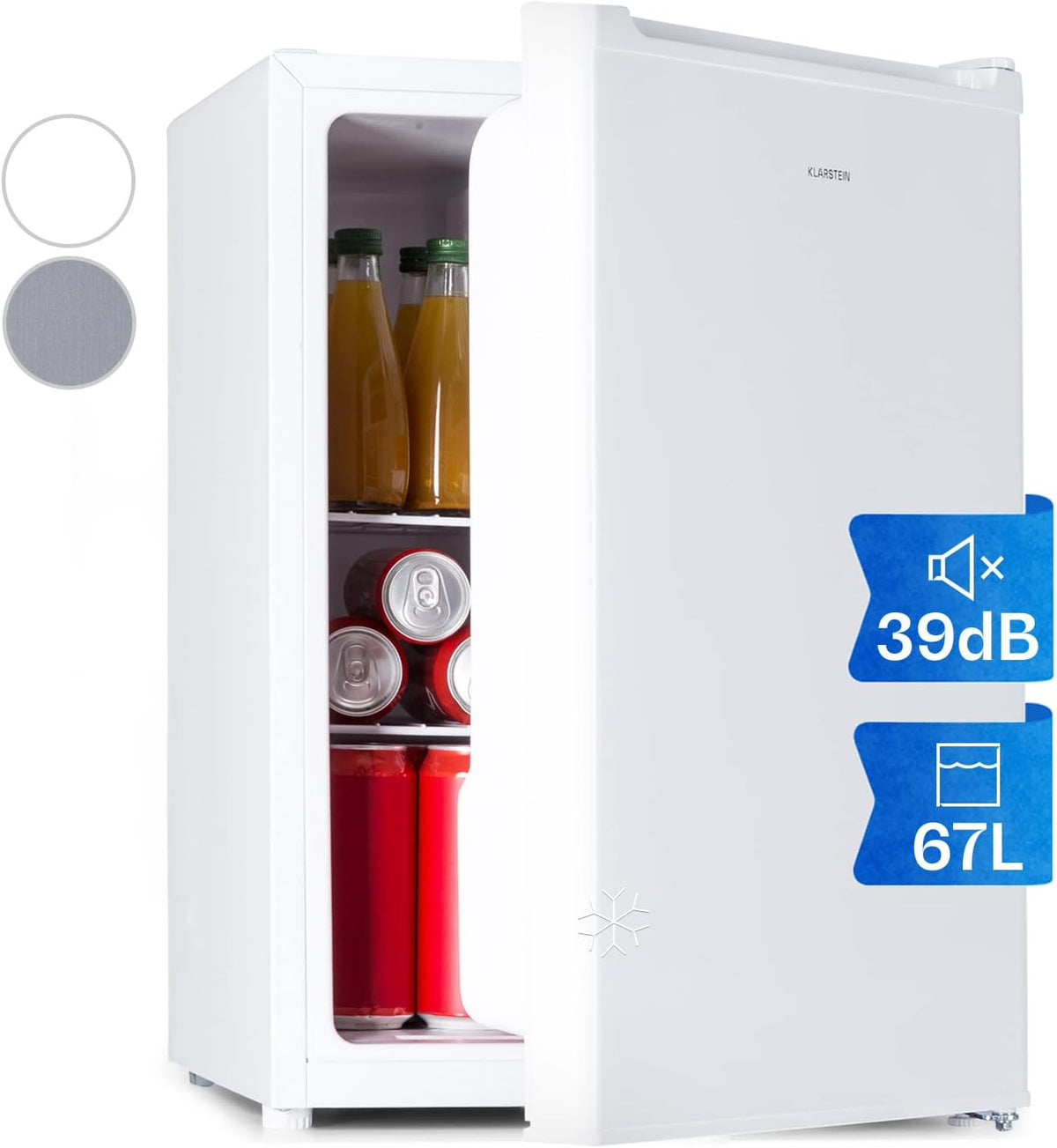 KLARSTEIN Mini réfrigérateur, 67L, Mini Frigo de Chambre de 67L pour Boissons et Bieres, réglable, acier inoxydable, 14°C, 2 étagères, 5-14°C