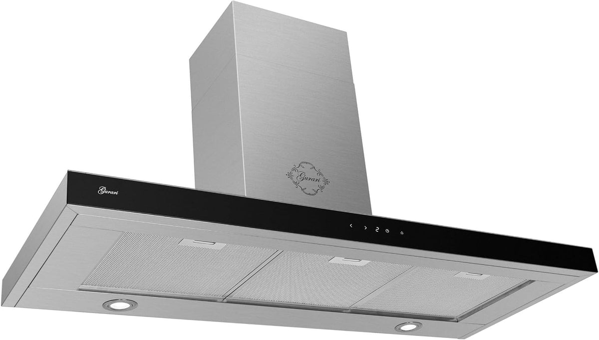 Hotte aspirante Gurari, acier inoxydable, éclairage LED, 120 cm, 850 m3/h, 850m3/h, 29, 5 Kw, Hotte murale GCH 972 BL 120 Quatro, verre, minuterie