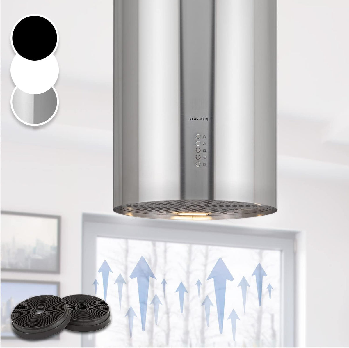 KLARSTEIN Hotte aspirante, 3 modes, Hotte pour Ilot 3 modes, réglable, acier inoxydable, 651 m3/h, 600m3/h, Débit d'Air de 651 m3/h, minuterie