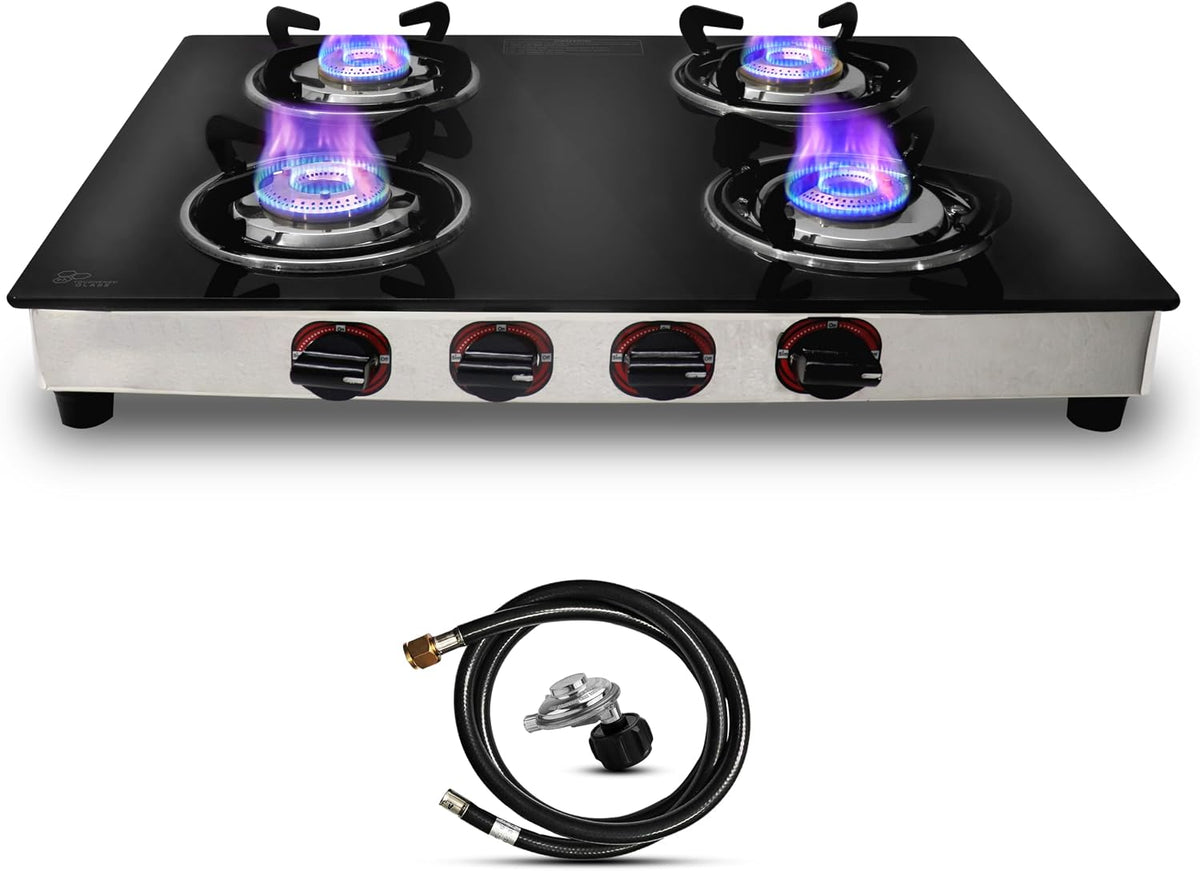 SONRET Plaque de cuisson, 63, 5 × 49, 5 × 10, 5 cm, Réchaud à gaz avec 4 brûleurs, acier inoxydable, 61 cm, verre, portable