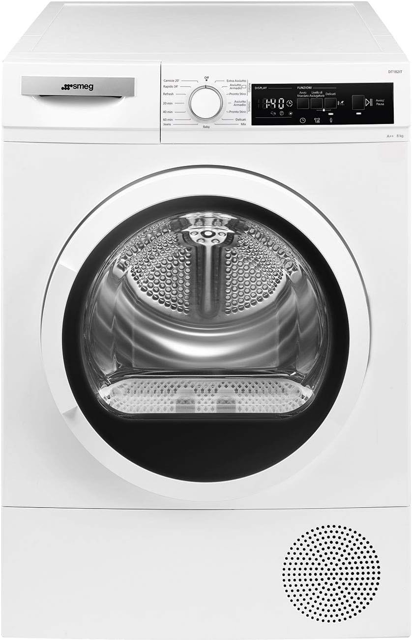 Sèche-linge, 8 kg, éclairage LED, acier inoxydable, Smeg, 112 L, 65 dB, 1000 W, 240 V, DT182IT, 15 Fonction, pompe à chaleur, verre