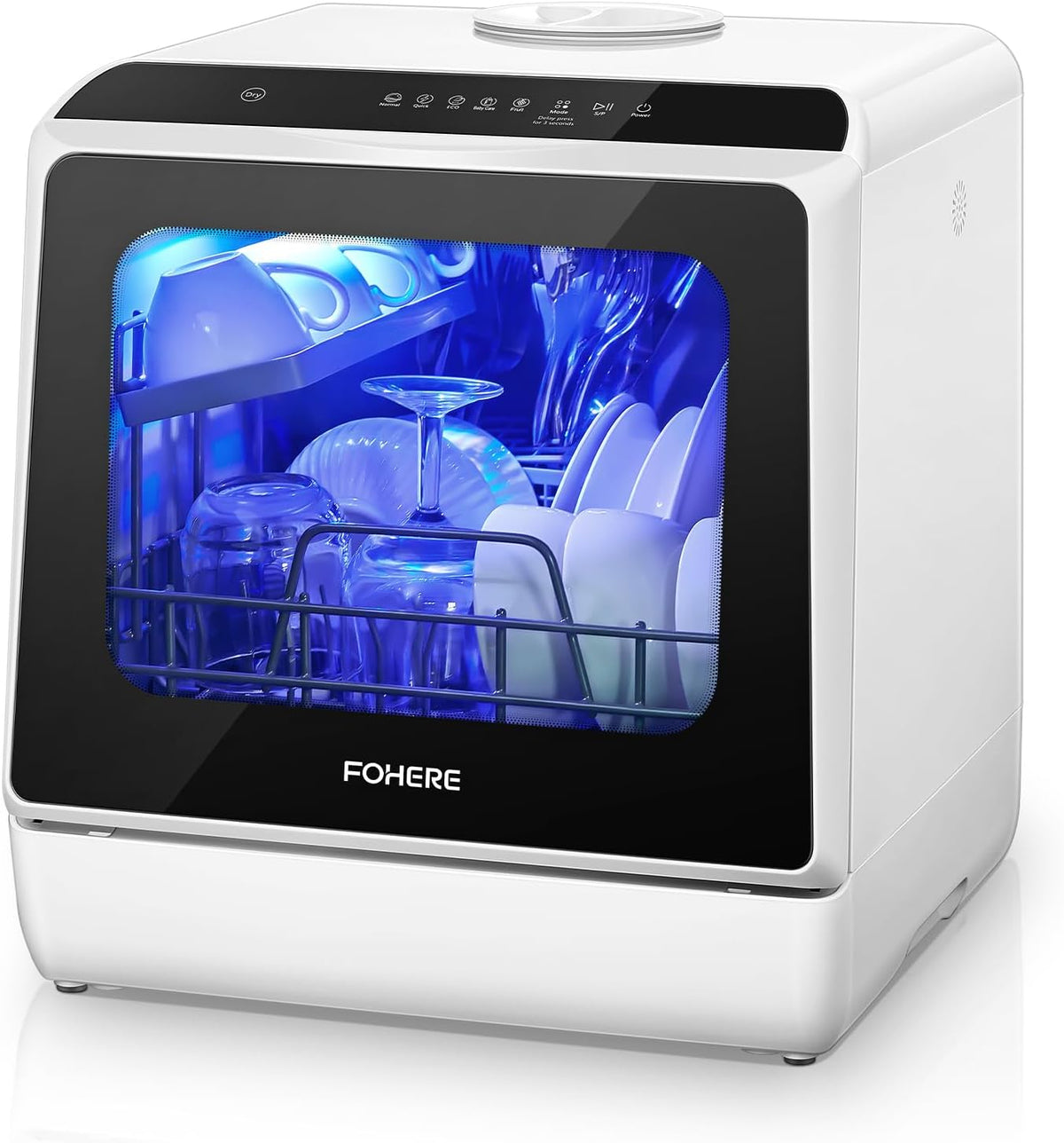 Lave-vaisselle FOHERE, éclairage LED, 40 × 41 × 45 cm, 30 cm, 1 Programmes, 4 couverts, 7 couverts, 6h Différé de Lavage, réservoir d'eau