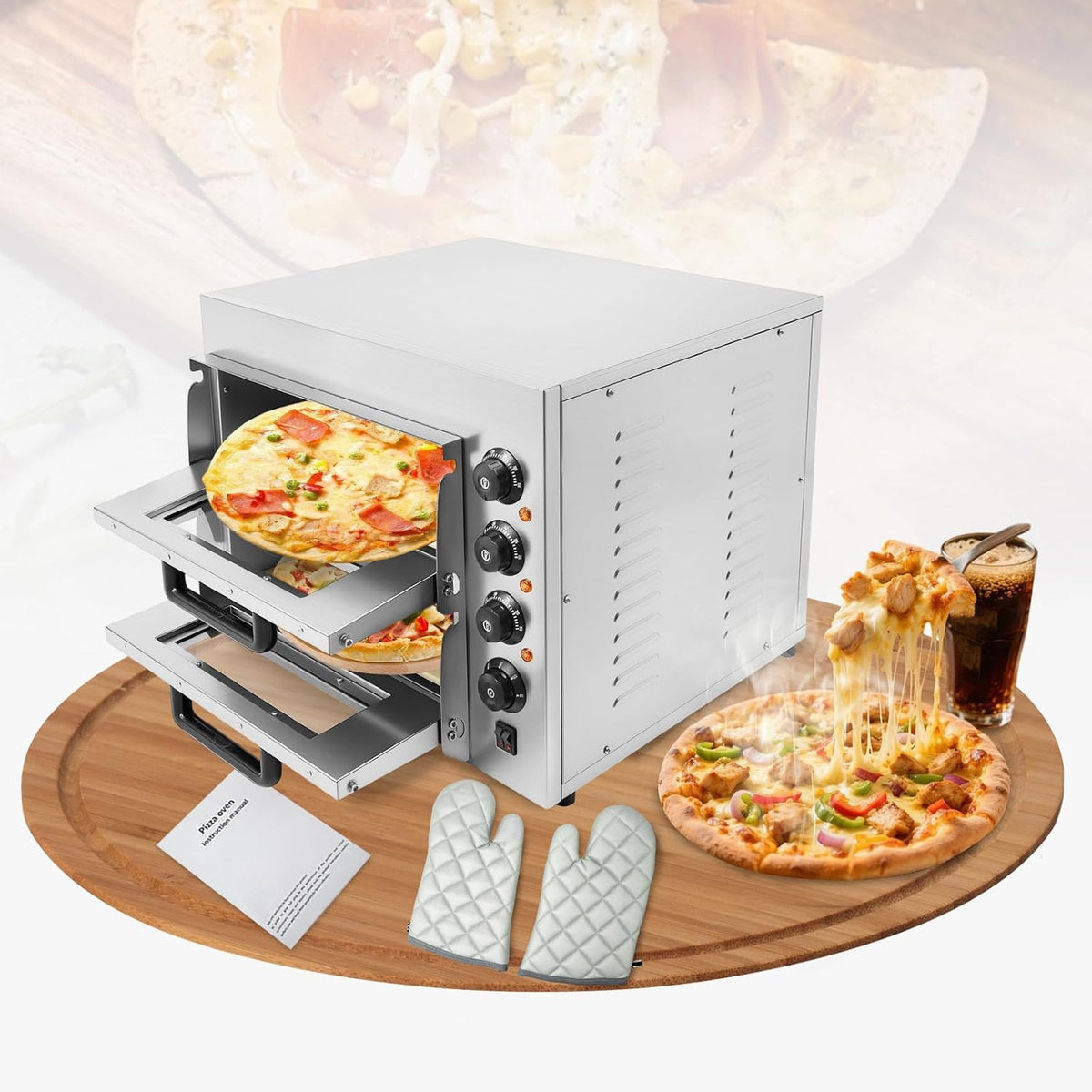 BAOCHADA Four à pizza, 3000 W, acier inoxydable, 35, 6 cm, 350 °C, réglage de la température 50-350 °C, minuterie