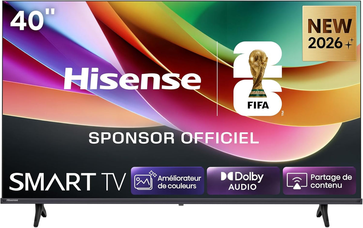 Hisense 40A4S Téléviseur, 102 cm, TV 2026 LED 40', 40 pouces, Wi-Fi, Bluetooth, éclairage LED, WiFi, Design sans Bords, Noir