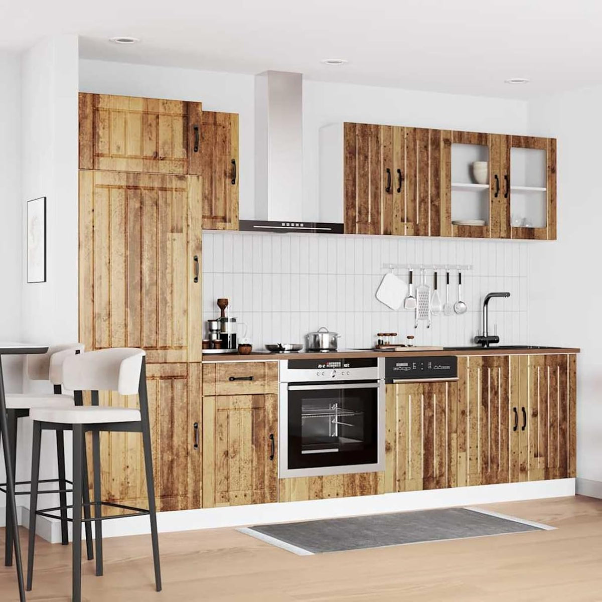ATOMSTACK MAKER Kalmar Ensemble de 8 meubles de cuisine, finition bois vieilli et verre, pieds réglables