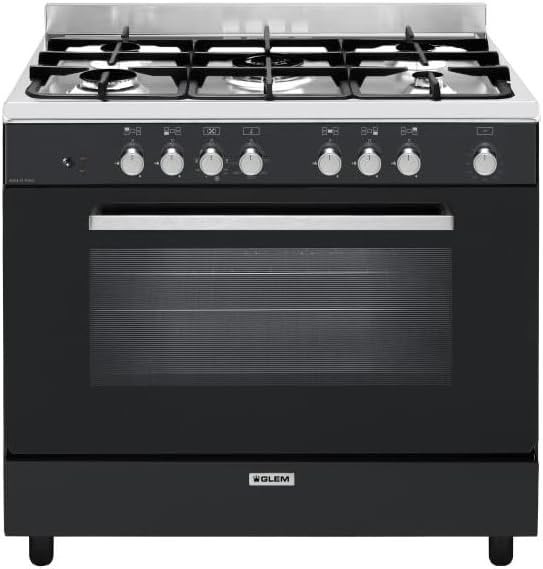 Cuisinière, acier inoxydable, 7 modes, GLEM, Piano De Cuisson Mixte 104l 5 Feux Noir, GE960CVBK2, 3, 8 kW, 5 brûleurs, chaleur tournante, verre