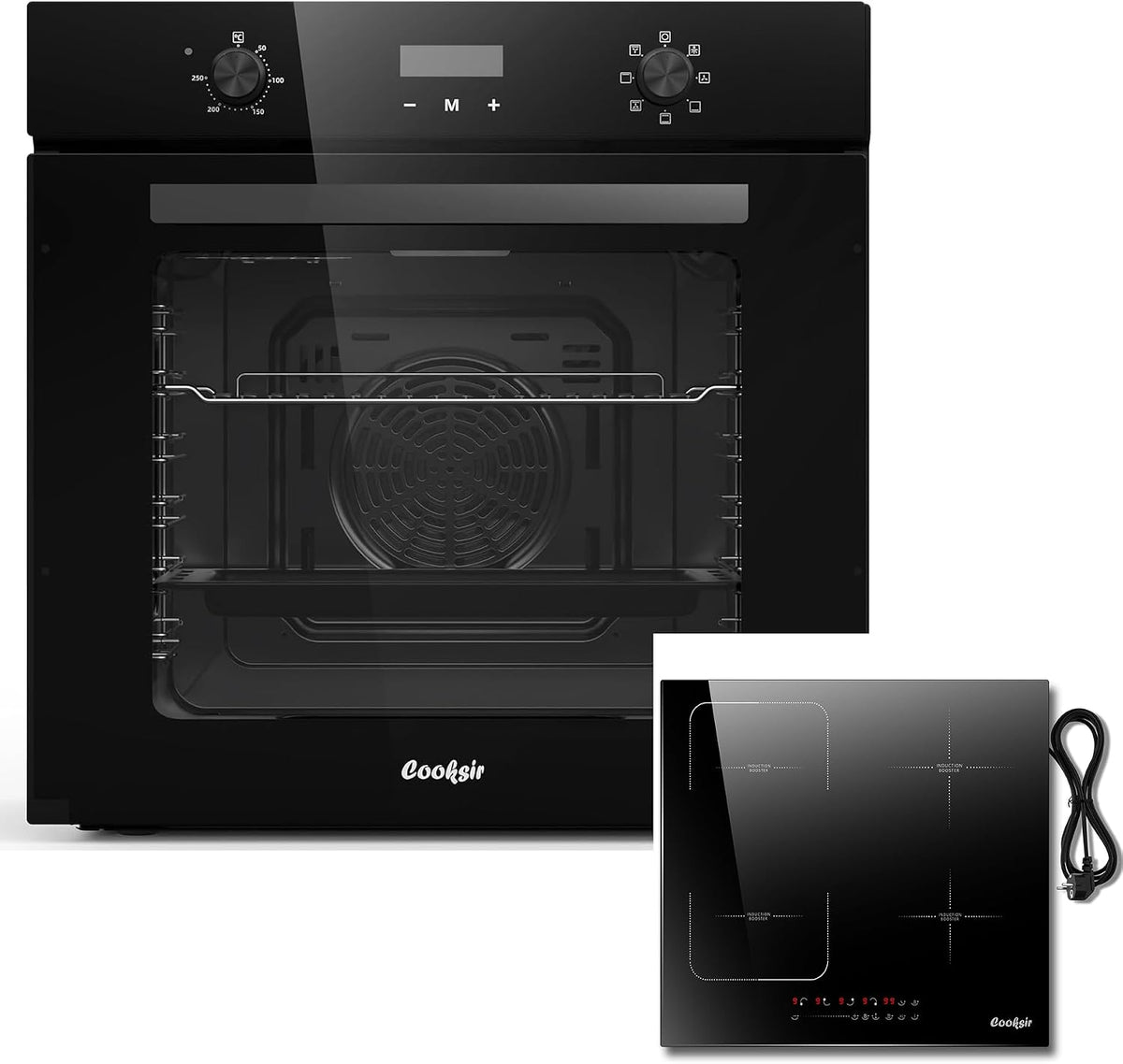 Cooksir Four encastrable, 60 CM, Bouton Rotatif+Plaque Induction 4 Feux avec Prise, verre, 60 L, 9 niveaux, 60CM, 2000W, 7 Fonctions
