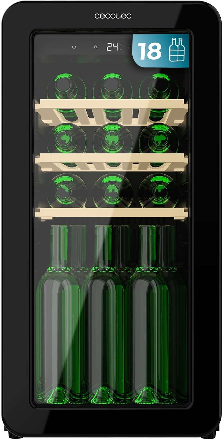 Cecotec Cave à vin, 74, 3 cm, No Frost, clayettes en bois, 36, 6 cm, 47, 6 cm, 18 Bouteilles, 5-20 oC, éclairage LED, noir, NoFrost