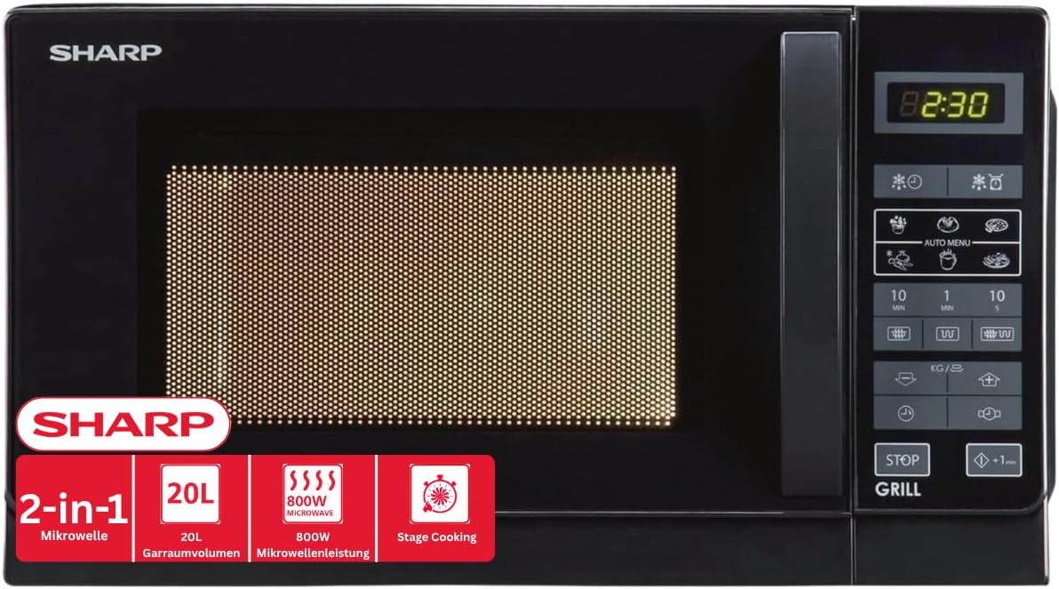 Sharp Four micro-ondes, 20 L, Micro-ondes 2 en 1 avec grill R642BKW, 37, 6 W, 800 W, noir, fonction gril