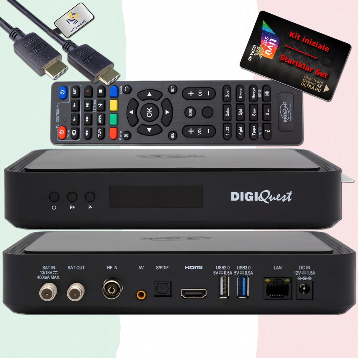 Récepteur TV satellite, 12 V, télécommande, HTS e-com, DVB-S2, 4K UHD, 60 programmes, Italien TV Rai Mediaset LA7, DVB-S2/T2, Wi-Fi, USB