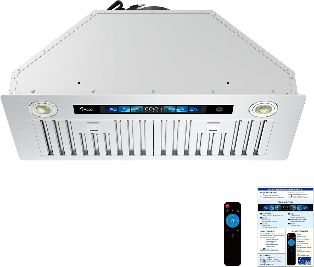 Awoco Hotte aspirante, 91, 4 cm, hotte de cuisine intégrée avec 800 CFM, télécommande, acier inoxydable, 1 mm, 4 vitesses, réglable