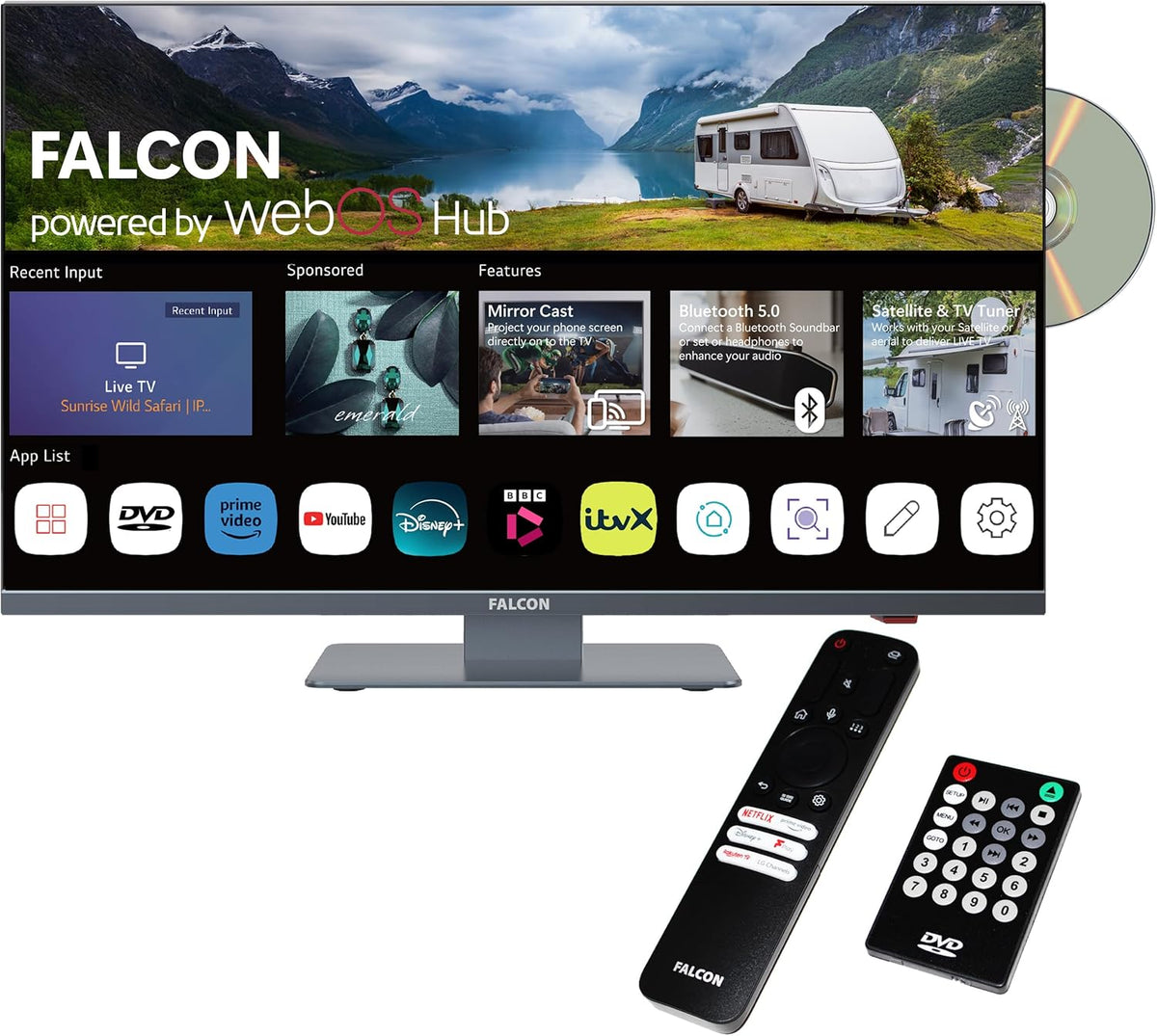 Bluetooth 5.0, 24 pouces, 22 pouces, 12V, 24V, 240v, Wi-Fi, mini LED, éclairage LED, USB, WebOS, Téléviseur, FALCON WORLD CLASS TECHNOLOGY