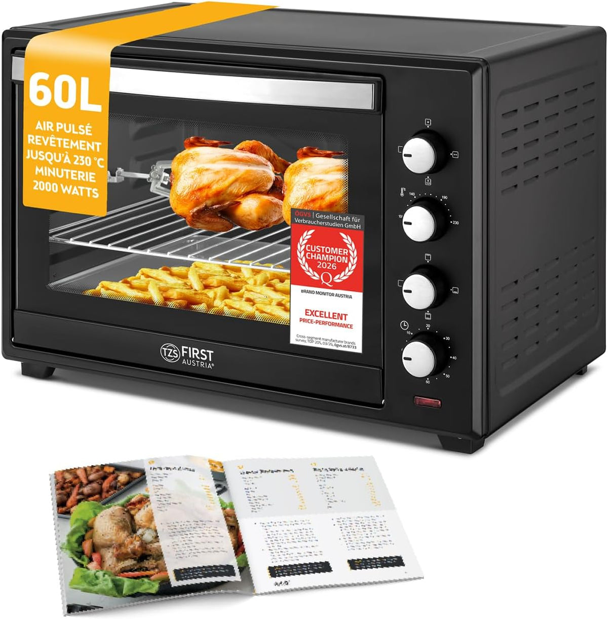 TZS First Austria Mini-four, Four spacieux pour pizza avec température jusqu'à 230°C et 6 modes, acier inoxydable, 30 L, 60L, 2000W