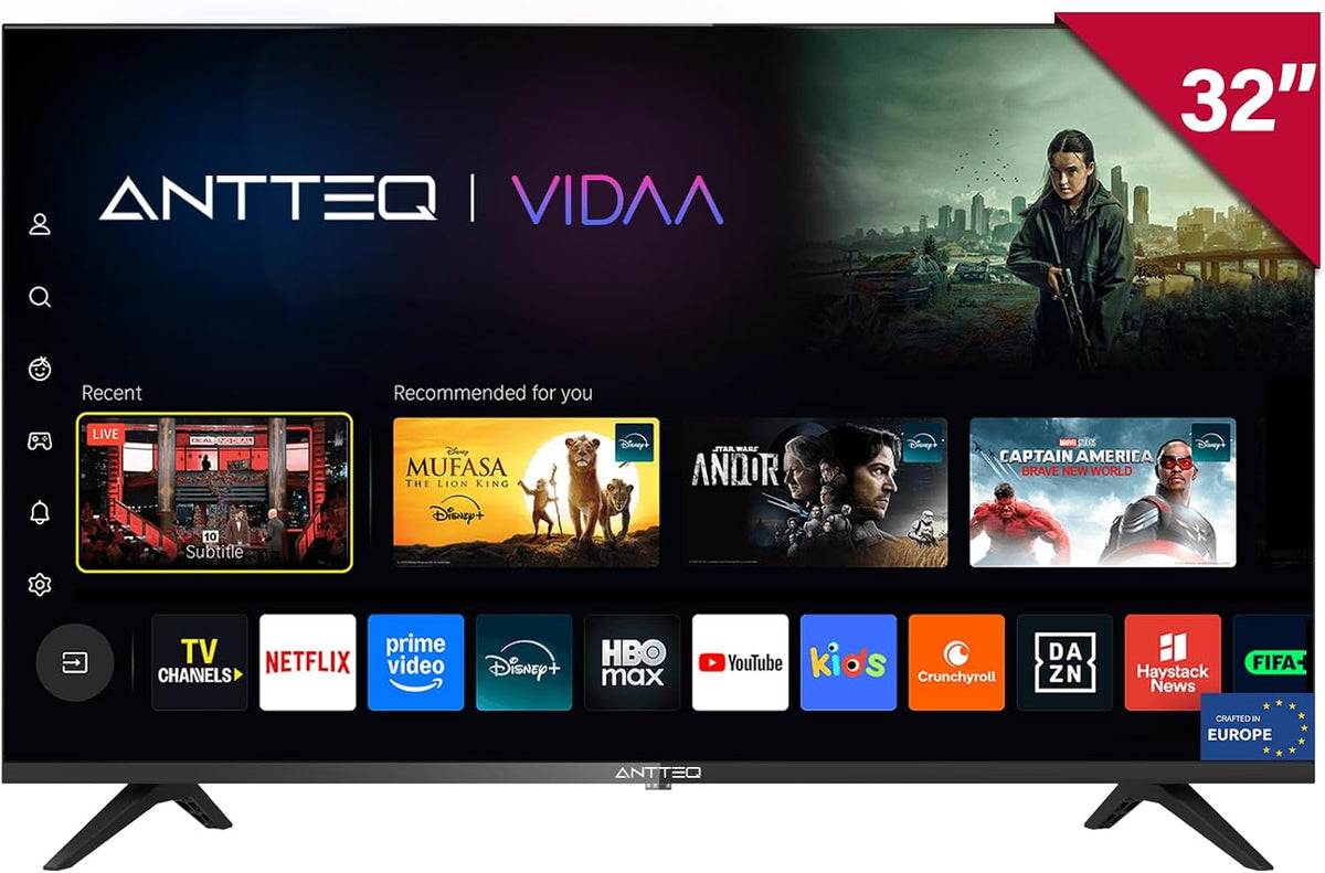 Téléviseur Antteq V32-AH3Q1L, Vidaa OS Télévision avec Appli Mobile, 32 Pouces, 80cm, 2025, Wi-Fi, éclairage LED, Molotov/Netflix/DAZN/WiFi, HDMI